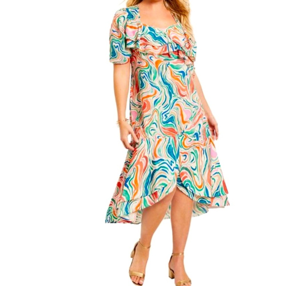 Watercolor Marbled Printed Midi Dress in Multi Plus Size 1X NWT